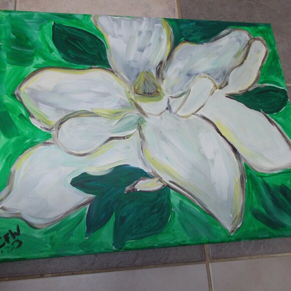 Gorgeous Magnolia Floral acrylic painting on 16"x20" stretched canvas, signed - Picture 2 of 4